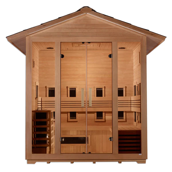 Golden Designs "Gargellen" 5-Person Hybrid (PureTech™ Full Spectrum IR or Traditional Stove) Outdoor Sauna -  Canadian Hemlock