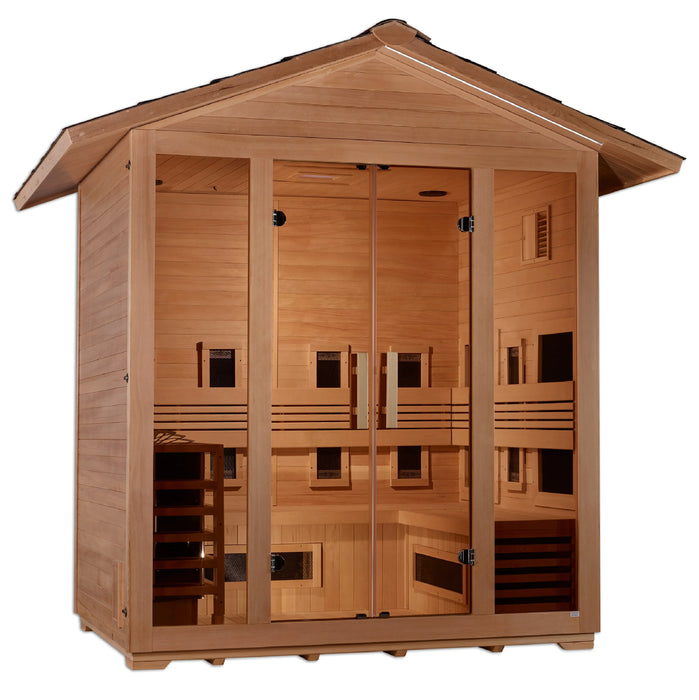 Golden Designs "Gargellen" 5-Person Hybrid (PureTech™ Full Spectrum IR or Traditional Stove) Outdoor Sauna -  Canadian Hemlock