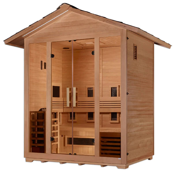 Golden Designs "Gargellen" 5-Person Hybrid (PureTech™ Full Spectrum IR or Traditional Stove) Outdoor Sauna -  Canadian Hemlock