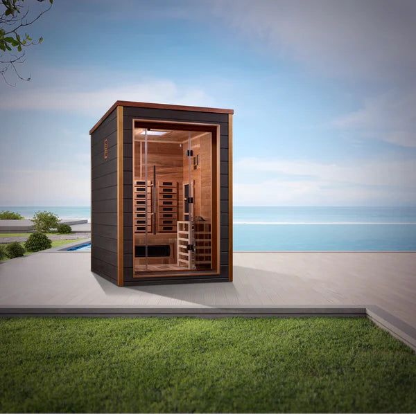 Golden Designs Nora 2-Person Hybrid (PureTech™ Full Spectrum IR or Traditional Stove) Outdoor Sauna  (GDI-8222-01) - Canadian Red Cedar Interior