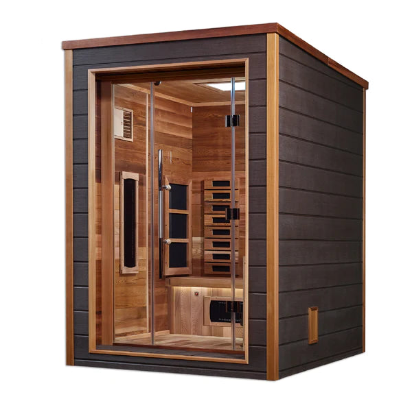 Golden Designs Nora 2-Person Hybrid (PureTech™ Full Spectrum IR or Traditional Stove) Outdoor Sauna  (GDI-8222-01) - Canadian Red Cedar Interior