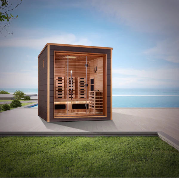 Golden Designs Visby 3-Person Hybrid (PureTech™ Full Spectrum IR or Traditional Stove) Outdoor Sauna (GDI-8223-01) - Canadian Red Cedar Interior