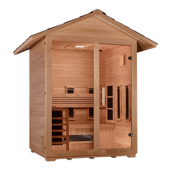 Golden Designs "Carinthia" 3-Person Hybrid (PureTech™ Full Spectrum IR or Traditional Stove) Outdoor Sauna -  Canadian Hemlock