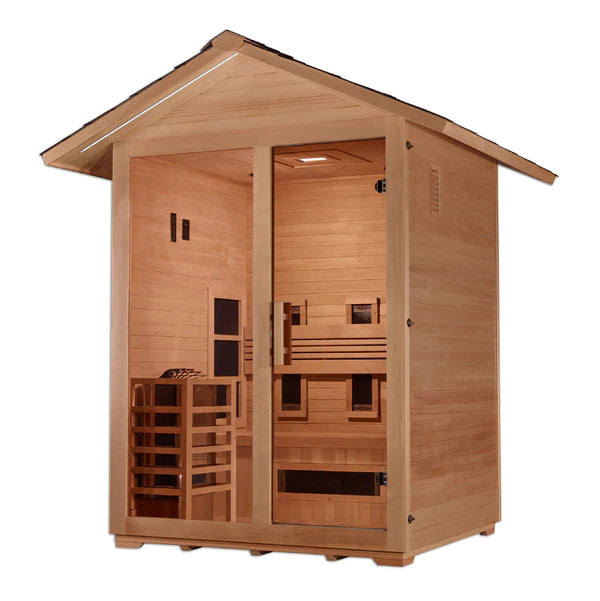 Golden Designs "Carinthia" 3-Person Hybrid (PureTech™ Full Spectrum IR or Traditional Stove) Outdoor Sauna -  Canadian Hemlock