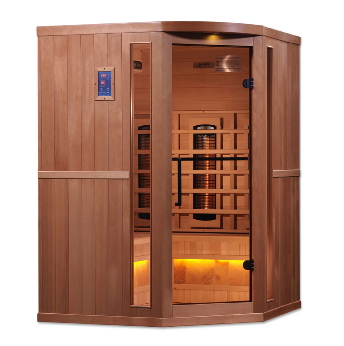 Golden Designs 3-Person Corner Full Spectrum PureTech Near Zero EMF FAR Infrared Sauna with Himalayan Salt Bar