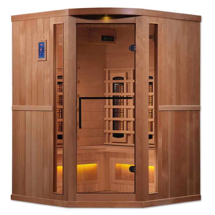 Golden Designs 3-Person Corner Full Spectrum PureTech Near Zero EMF FAR Infrared Sauna with Himalayan Salt Bar