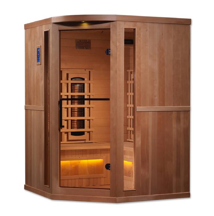 Golden Designs 3-Person Corner Full Spectrum PureTech Near Zero EMF FAR Infrared Sauna with Himalayan Salt Bar