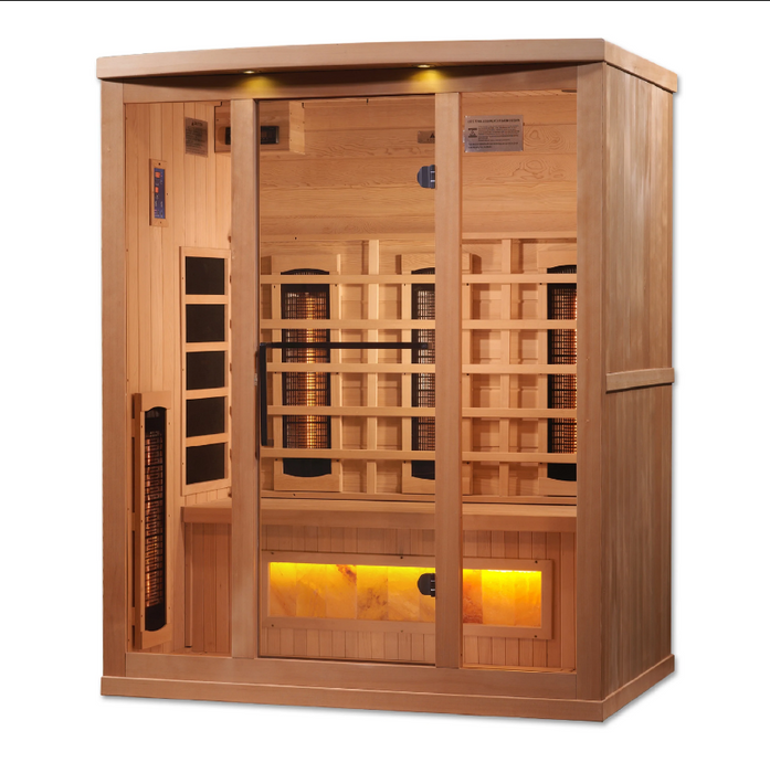 Golden Designs 3-Person Full Spectrum PureTech Near Zero EMF FAR Infrared Sauna with Himalayan Salt Bar