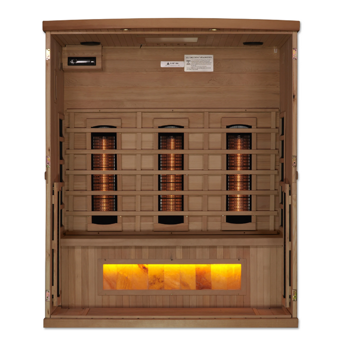 Golden Designs 3-Person Full Spectrum PureTech Near Zero EMF FAR Infrared Sauna with Himalayan Salt Bar