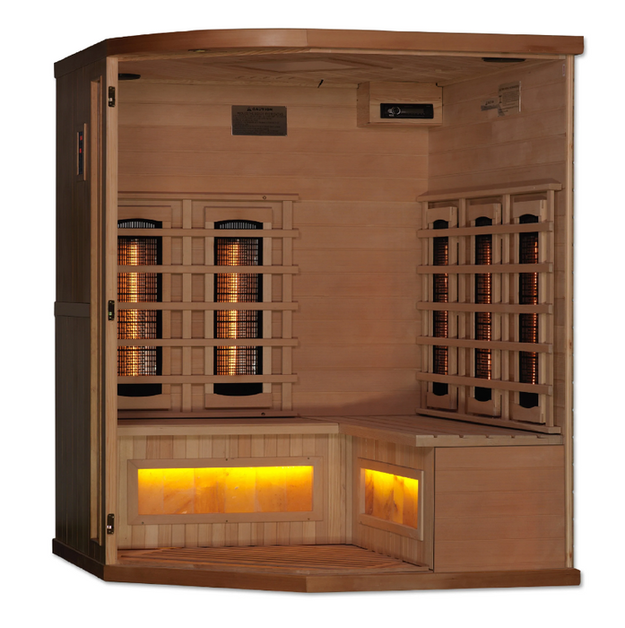 Golden Designs 3-Person Corner Full Spectrum PureTech Near Zero EMF FAR Infrared Sauna with Himalayan Salt Bar